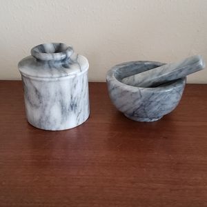Marble morter and pestle and butter keeper